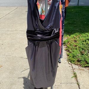 Onyx gray lined dress with pockets and black sash